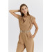 Pleated Camel Women's Jumpsuit With Collar Collar Belt