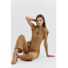 Buttoned Short Sleeve Camel Women's Jumpsuit