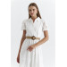 Shirt Collar Belted White Maxi Scalloped Dress