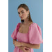 Square Neck Balloon Sleeve Pink Midi Dress