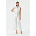 Double Breasted Collar Design White Women's Jumpsuit