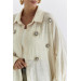 Oversize Stone Embroidered Beige Women's Shirt