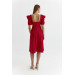 فستان نسائي متوسط الطول ياقة مربعة منقط لون أحمر