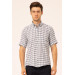 Loose Fit Short Sleeve Navy Blue Striped Check Shirt