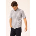 Loose Fit Short Sleeve Navy Blue Striped Check Shirt