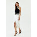 Slit Detailed Midi Length Denim White Skirt