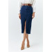 Slit Detailed Midi Length Dark Blue Denim Skirt