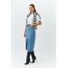 Slit Detailed Midi Length Blue Denim Skirt
