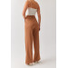 Women's Camel Brown High Waist Belt Detailed Pleated Loose Palazzo Fabric Trousers