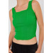 Women's Pistachio Green Ribbed Knitted Square Collar Short Singlet