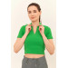 Women's Pistachio Green Short Sleeve Polo Neck V-Knit Tshirt