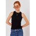 Women's Black Ribbed Knitted Halter Collar Undershirt