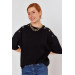 Women's Black Shoulder Button Detailed Knitted Oversize Tshirt