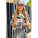 Girls Set Plaid Jacket And Gray Leather Buttoned Skirt