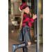 Girls Set Check Jacket And Red Leather Skirt With Buttons