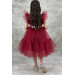 Girls Dress With Burgundy Tulle Collar, Bodice And Sleeves