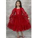 Girls Red Dress With Transparent Sleeves, Embroidered With Pearls And Ruffles
