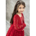 Girls Red Dress With Transparent Sleeves, Embroidered With Pearls And Ruffles