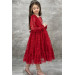 Girls Red Dress With Transparent Sleeves, Embroidered With Pearls And Ruffles