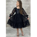 Girls Black Dress With Transparent Sleeves, Embroidered With Pearls And Ruffles