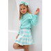 Girl Child Collar Pearl Detailed Long Sleeve Shirt Checked Patterned Turquoise Skirt Suit