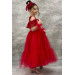 Girls Red Dress With A Transparent Collar And Open Shoulders