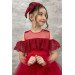Girls Red Dress With A Transparent Collar And Open Shoulders