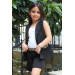 Girls Chain And Button Detailed Fake Pocket Black Shorts Suit