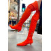 Belenda Orange Matte Stretch Women's Above Knee Heeled Boots