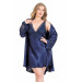 Markano Large Size Navy Blue Short Double Satin Dressing Gown And Nightgown Set