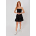 Viscose Linen Black Ruffle Skirt With Elastic Waist