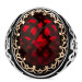 925 Sterling Silver Symmetrical Patterned Red Stone Men's Ring