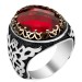 925 Sterling Silver Symmetrical Patterned Red Stone Men's Ring