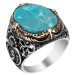 Plain Turquoise Turquoise Stone Vav Figured Sterling Silver Men's Ring