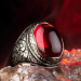 Red Stone Pen Engraving Patterned Sterling Silver Men's Ring