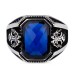 Minsar: Double Headed Eagle Motif Faceted Blue Zircon Stone Silver Ring
