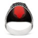 Dot Patterned Oval Design Sterling Silver Men's Ring With Red Faceted Zircon Stone