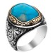 Turquoise Turquoise Stone Pen Engraving Patterned Silver Men's Ring