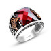 Tughra Embroidered Red Zircon Stone 925 Sterling Silver Men Ring