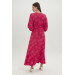 Waist Belted Floral Pattern Long Fuchsia Dress