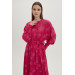 Waist Belted Floral Pattern Long Fuchsia Dress