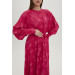 Waist Belted Floral Pattern Long Fuchsia Dress