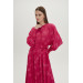 Waist Belted Floral Pattern Long Fuchsia Dress