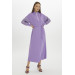 Waist Belted Sleeve Detail Long Lilac Straight Dress