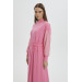 Waist Belted Sleeve Detail Long Pink Plain Dress