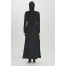 Embroidered Detailed Waist Belted Black Topcoat 13057