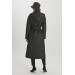 Hooded And Belt Detailed Long Black Coat