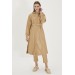 Hooded And Embroidered Detailed Beige Leather Coat