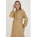 Hooded And Embroidered Detailed Beige Leather Coat