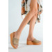 Women's Beige Stone Detailed Braided Wedge Heel Slippers